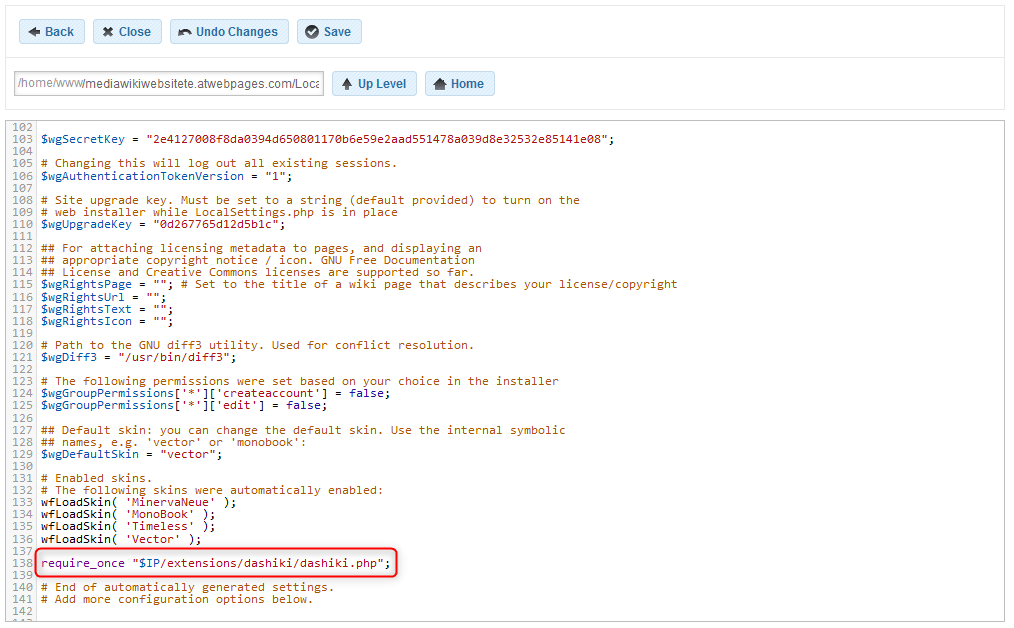 MediaWiki LocalSettings.php file changes